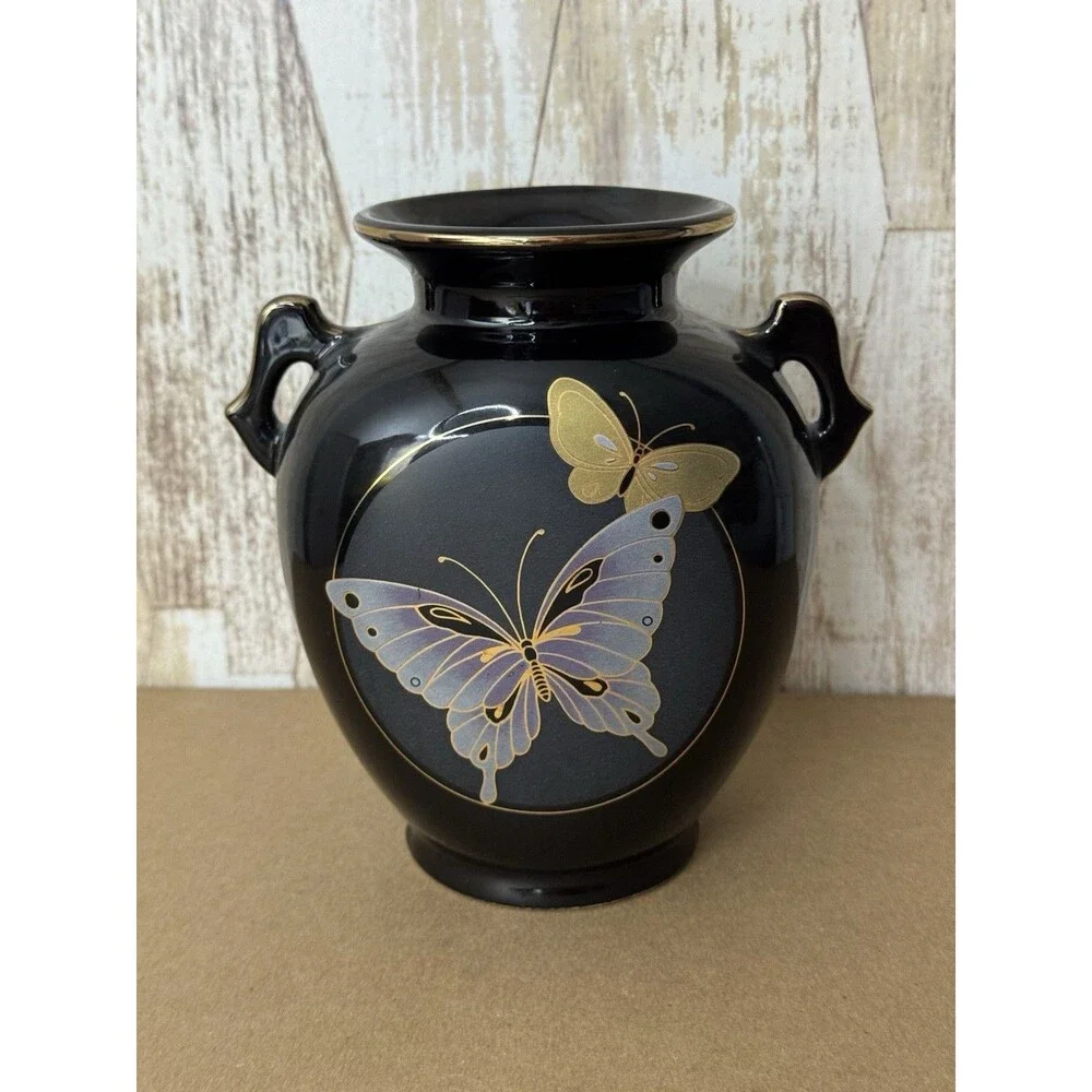 Vintage Imported Japanese Black‎ Vase w/ gold trim Butterfly Ceramic
